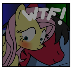 Size: 973x936 | Tagged: safe, artist:king-shoutmon, character:fluttershy, oc, species:pony, blushing, canon x oc, confused, duo, looking away, wtf