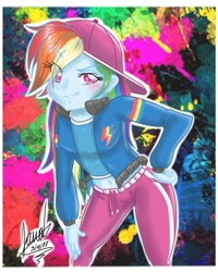 Size: 800x999 | Tagged: safe, artist:janadashie, character:rainbow dash, my little pony:equestria girls, spoiler:eqg specials, backwards ballcap, baseball cap, belly button, blushing, cap, clothing, cute, dashabetes, eye clipping through hair, female, hat, looking at you, midriff, pants, rapper, rapper dash, signature, solo
