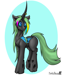 Size: 1658x2000 | Tagged: safe, artist:funkybacon, oc, oc only, oc:becky, species:changeling, curved horn, ear piercing, earring, fangs, female, jewelry, looking at you, piercing, solo