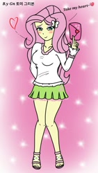 Size: 720x1280 | Tagged: safe, artist:ajrrhvk12, character:fluttershy, my little pony:equestria girls, blushing, clothing, cute, dialogue, envelope, female, high heels, legs, looking at you, miniskirt, shoes, shyabetes, skirt, smiling, solo