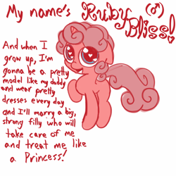 Size: 800x800 | Tagged: safe, artist:familywing, oc, oc only, oc:ruby bliss, femboy, foal, male, offspring, text, trap