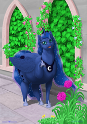 Size: 819x1170 | Tagged: safe, artist:soobel, character:princess luna, species:alicorn, species:pony, arch, chubby, fat, female, flower, garden, mare, princess moonpig, solo