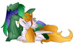 Size: 1600x977 | Tagged: safe, artist:cottonponysfm, artist:tiz4905, oc, oc only, oc:brocc, oc:cookie byte, species:pony, couple, full body, kissing, request, requested art
