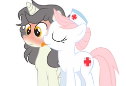 Size: 750x512 | Tagged: safe, artist:lion-grey, character:nurse redheart, oc, oc:short fuse, species:pony, blushing, blushing profusely, canon x oc, female, licking, male, old cutie mark, simple background, tongue out, white background