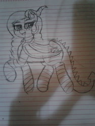 Size: 1932x2576 | Tagged: safe, artist:kellysans, oc, oc only, species:dracony, clothing, happy, hybrid, lined paper, socks, solo, striped socks, traditional art