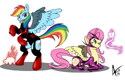 Size: 981x626 | Tagged: safe, artist:cynos-zilla, character:fluttershy, character:rainbow dash, species:pegasus, species:pony, crossover, dc universe, duo, female, mare, red lantern, red lantern corps, serious, serious face, simple background, star sapphire, transparent background