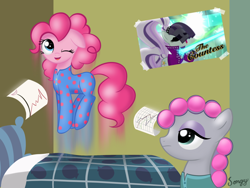 Size: 2000x1500 | Tagged: safe, artist:songbirdserenade, character:maud pie, character:pinkie pie, species:pony, episode:rock solid friendship, g4, my little pony: friendship is magic, bed, chart, clothing, footed sleeper, hair curlers, one eye closed, pajamas, pronking, wink