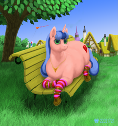 Size: 1125x1202 | Tagged: safe, artist:soobel, oc, oc only, oc:cloudie brilliant, species:pony, species:unicorn, bench, chubby, fat, looking at you, ponyville, sitting
