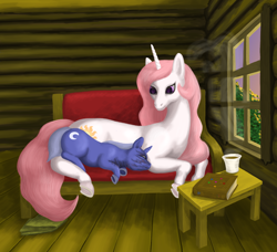 Size: 1170x1066 | Tagged: safe, artist:soobel, character:princess celestia, character:princess luna, oc, oc:sunny skies, species:pony, species:unicorn, fanfic:celestia, elements of harmony, female, filly, filly celestia, filly luna, hidden village, lunar lullaby, mare, pink-mane celestia, queen solaria, race swap, starswirl the bearded book, woona, younger