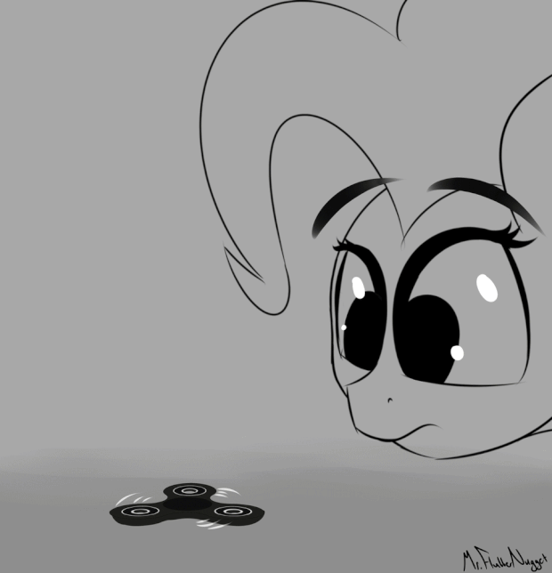 Size: 620x644 | Tagged: safe, artist:a8f12, character:pinkie pie, species:earth pony, species:pony, animated, curious, eye shimmer, female, fidget spinner, gif, grayscale, intrigued, monochrome, solo, surprised
