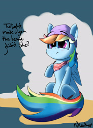 Size: 1900x2600 | Tagged: safe, artist:a8f12, character:rainbow dash, species:pony, bandana, beanie, blue coat, blushing, clothing, dialogue, female, hat, implied twilight sparkle, magenta eyes, offscreen character, rainbow tail, sitting, solo, wings