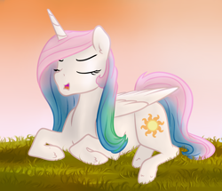 Size: 2000x1717 | Tagged: safe, artist:kaleysia, character:princess celestia, species:alicorn, species:pony, legends of magic, spoiler:comic, eyes closed, female, mare, prone, solo, sunset, younger