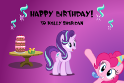 Size: 2268x1512 | Tagged: safe, artist:mandash1996, character:pinkie pie, character:starlight glimmer, birthday, cake, clothing, cutie mark, food, gradient background, happy birthday, hat, kelly sheridan, party hat, present, purple background, table