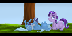 Size: 8000x4000 | Tagged: safe, artist:kaleysia, character:starlight glimmer, character:trixie, oc, oc:dove, parent:starlight glimmer, parent:trixie, parents:startrix, species:pony, species:unicorn, ship:startrix, absurd resolution, female, lesbian, magical lesbian spawn, mare, offspring, shipping