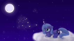 Size: 6830x3840 | Tagged: safe, artist:kaleysia, character:princess luna, species:pony, absurd resolution, female, filly, firefly, full moon, moon, night, prone, s1 luna, solo, woona, younger