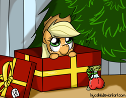 Size: 624x490 | Tagged: safe, artist:kiyoshiii, character:applejack, species:pony, box, christmas, christmas tree, female, pony in a box, present, solo, tree
