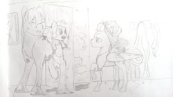 Size: 1024x579 | Tagged: safe, artist:kaleysia, character:big mcintosh, character:fluttershy, oc, oc:cellini, parent:big macintosh, parent:fluttershy, parents:fluttermac, species:pegasus, species:pony, ship:fluttermac, apron, bucket, clothing, female, filly, freckles, grin, hair up, handkerchief, hoof glove, male, mare, monochrome, mud, muddy, nervous, nervous grin, offspring, pencil drawing, raised hoof, rubber gloves, shipping, smiling, stallion, straight, sweat, sweatdrop, traditional art, unamused, unshorn fetlocks