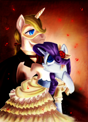 Size: 874x1200 | Tagged: safe, artist:whitestar1802, character:prince blueblood, character:rarity, species:pony, species:unicorn, clothing, dress, duo, female, flower, flower in hair, male, mare, mask, phantom of the opera, stallion