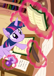 Size: 2480x3508 | Tagged: safe, artist:neoshrek, character:twilight sparkle, species:pony, species:unicorn, book, female, golden oaks library, magic, smiling, solo, studying