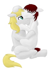 Size: 896x1280 | Tagged: safe, artist:chronicle23, artist:cloppershy, oc, oc only, oc:lucky stone, species:pony, blank flank, cuddling, lap sitting, male, simple background, stallion, white background