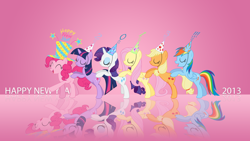Size: 1920x1080 | Tagged: safe, artist:bluedragonhans, artist:emedina13, edit, character:applejack, character:fluttershy, character:pinkie pie, character:rainbow dash, character:rarity, character:twilight sparkle, 2013, butt touch, conga, happy new year, holiday, hoof on butt, mane six, wallpaper, wallpaper edit