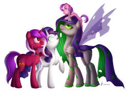 Size: 2453x1800 | Tagged: safe, artist:divlight, character:rarity, oc, oc:burning passion, oc:cyanide sting, oc:gemstone, species:changeling, species:pony, species:unicorn, female, filly, raised hoof, simple background, transparent background