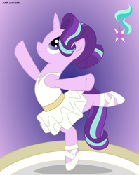 Size: 5311x6716 | Tagged: safe, artist:mandash1996, character:starlight glimmer, species:pony, species:unicorn, episode:a royal problem, g4, my little pony: friendship is magic, absurd resolution, ballerina, clothing, cute, cutie mark, female, glimmerbetes, glimmerina, hair bun, leotard, mare, purple background, raised leg, shoes, simple background, skirt, skirt lift, smiling, solo, standing, standing on one leg, tutu, vector
