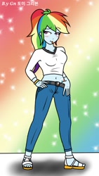 Size: 720x1280 | Tagged: safe, artist:ajrrhvk12, character:rainbow dash, my little pony:equestria girls, alternate hairstyle, belly button, blushing, breasts, clothing, female, hand on hip, midriff, pants, ponytail, sandals, shirt, short shirt, solo, tongue out