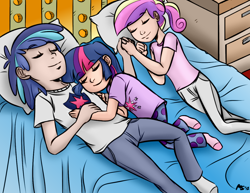 Size: 1280x989 | Tagged: safe, artist:megasweet, artist:trelwin, character:princess cadance, character:shining armor, character:twilight sparkle, species:human, bed, cute, female, humanized, male, sleeping, younger
