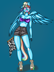 Size: 768x1024 | Tagged: safe, artist:acespade777, character:rainbow dash, species:anthro, species:pegasus, species:pony, blowing bubbles, bubblegum, checkered flag, colored, cute, digital art, female, food, gum, pinup, skates, solo