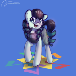 Size: 1024x1024 | Tagged: safe, artist:strangemoose, character:coloratura, species:earth pony, species:pony, blue background, clothing, cutie mark, dress, drill hair, drill mane, female, mare, open mouth, pigtails, raised hoof, signature, simple background, solo, twintails