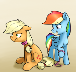 Size: 2100x2000 | Tagged: safe, artist:alexi148, character:applejack, character:rainbow dash, species:pony, collar, duo, female, leash, missing accessory, pet play
