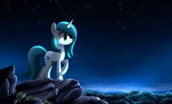 Size: 1089x663 | Tagged: source needed, safe, artist:ruhje, oc, oc only, oc:ambient waves, species:pony, species:unicorn, bracelet, commission, dawn, female, forest, jewelry, looking away, mare, moonlight, night, night sky, outdoors, raised hoof, rock, scenery, sky, smiling, solo, standing, starry night, stars, tree, twilight (astronomy)