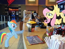 Size: 2048x1536 | Tagged: safe, artist:emedina13, character:fluttershy, character:rainbow dash, species:pegasus, species:pony, coca-cola, coffee, coke, concession stand, cone, female, flying, food, guitar hero, irl, mare, movie, movies, photo, pickle, ponies in real life, popcorn, rhythm game, soda, starbucks, straw, the hobbit, theater