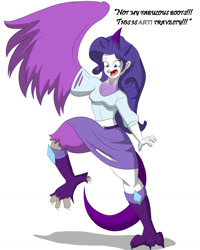 Size: 1024x1278 | Tagged: safe, artist:tfsubmissions, character:rarity, my little pony:equestria girls, articuno, beak, belt, boots, clothing, crossover, dialogue, feather, pokémon, raised leg, raricuno, ripping clothes, shoes, simple background, skirt, speech bubble, speech change, surprised, tail feathers, talons, transformation, white background, wings
