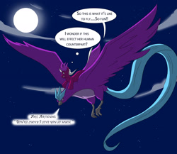 Size: 3000x2600 | Tagged: safe, artist:tfsubmissions, character:rarity, oc, oc:burning passion, species:bird, species:pony, species:unicorn, articuno, birdified, chest fluff, cloud, crossover, dialogue, female, flying, full moon, mare, moon, night, pokefied, pokémon, post-transformation, raricuno, smiling, species swap, speech bubble, speech change, spread wings, stars, thought bubble, transformation, transformed, wings