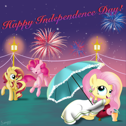 Size: 2500x2500 | Tagged: safe, artist:songbirdserenade, character:fluttershy, character:pinkie pie, character:sunset shimmer, species:pony, 4th of july, american independence day, clothing, dress, fireworks, happy, high res, holiday, independence day, pillow, prone, united states