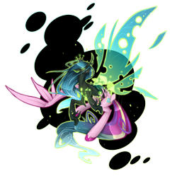 Size: 4068x4057 | Tagged: safe, artist:taiga-blackfield, character:princess cadance, character:queen chrysalis, species:alicorn, species:changeling, species:pony, absurd resolution, big wings, changeling queen, character to character, crown, digital art, disguise, disguised changeling, fake cadance, female, fungus, hoof fluff, jewelry, magic, mare, regalia, simple background, smiling, solo, spread wings, teeth, transformation, transparent background, wings