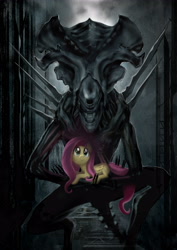 Size: 3508x4961 | Tagged: safe, artist:vombavr, character:fluttershy, species:pegasus, species:pony, absurd resolution, alien, alien (franchise), crossover, holding a pony, smiling, xenomorph, xenomorph queen