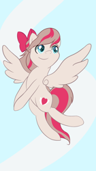 Size: 2304x4096 | Tagged: safe, artist:toughbluff, character:angel wings, species:pegasus, species:pony, absurd resolution, bow, female, flying, hair bow, mare, sky, smiling, solo