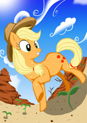 Size: 2480x3508 | Tagged: safe, artist:neoshrek, character:applejack, species:earth pony, species:pony, appleloosa, canyon, clothing, cloud, female, grin, hat, high res, mare, plant, plants, raised hoof, sky, smiling, solo, sweat