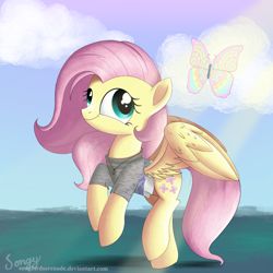 Size: 2000x2000 | Tagged: safe, artist:songbirdserenade, character:fluttershy, species:pegasus, species:pony, butterfly, clothing, cloud, cute, female, high res, jewelry, mare, necklace, shyabetes, smiling, solo