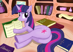 Size: 3035x2149 | Tagged: safe, artist:neoshrek, character:twilight sparkle, species:pony, species:unicorn, anatomically incorrect, book, female, golden oaks library, high res, incorrect leg anatomy, plot, prone, solo, twibutt