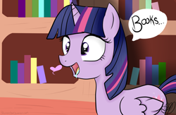 Size: 3000x1957 | Tagged: safe, artist:balloons504, character:twilight sparkle, character:twilight sparkle (alicorn), species:alicorn, species:pony, bibliophile, book, bookhorse, cross-eyed, drool, female, golden oaks library, heart, library, mare, open mouth, smiling, solo, that pony sure does love books