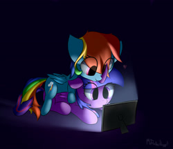 Size: 2900x2500 | Tagged: safe, artist:a8f12, character:rainbow dash, character:twilight sparkle, character:twilight sparkle (alicorn), species:alicorn, species:pegasus, species:pony, ship:twidash, cuddling, cute, featured on derpibooru, female, floppy ears, gradient background, heart, ipad, lesbian, mare, on top, prone, shipping, smiling, tablet, transparent mane, watching