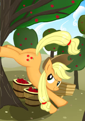 Size: 1768x2496 | Tagged: safe, artist:neoshrek, character:applejack, species:pony, apple, apple tree, applebucking, applebutt, bucket, bucking, female, food, pixiv, solo, tree