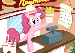 Size: 2596x1839 | Tagged: safe, artist:neoshrek, character:pinkie pie, species:earth pony, species:pony, burger, cash register, cup, female, food, french fries, hamburger, mare, soda, solo