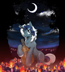 Size: 1500x1668 | Tagged: safe, artist:anightlypony, oc, oc only, species:pony, species:unicorn, bard, colt, flower, forest, lute, male, moon, musical instrument, night, nightly, stars