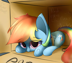Size: 3200x2800 | Tagged: safe, artist:a8f12, character:rainbow dash, species:pegasus, species:pony, box, cute, dashabetes, female, filly, filly rainbow dash, injured wing, pony in a box, prone, solo, tiny ponies, younger
