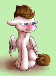 Size: 769x1038 | Tagged: safe, artist:klarapl, oc, oc only, oc:core, species:pegasus, species:pony, colt, floppy ears, male, simple background, solo, white pony, young